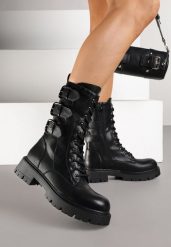 Czarne Botki Typu Workery Zdobione Sprzączkami Therrie. Czarne botki damskie Renee, z jeansu, bez obcasa, na płaskiej podeszwie, bez zapięcia. Za 169.99 zł.