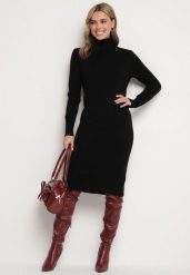 Czarna Sweterkowa Sukienka Golf Bawełną i Wełną Ilaniraeth. Czarne sukienki damskie Born2be, z aplikacjami, z bawełny, eleganckie, bez ramiączek. W wyprzedaży za 84.99 zł.