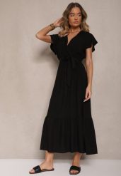 Czarna Kopertowa Sukienka z Wiskozy Ozdobiona Paskiem Savioneira. Czarne sukienki damskie Renee, bez wzorów, z jeansu, eleganckie, bez ramiączek. W wyprzedaży za 63.99 zł.