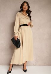 Beżowa Satynowa Sukienka w Stylu Szmizjerki z Imitacjami Kieszeni i Paskiem Vaminay. Brązowe sukienki damskie Renee, bez wzorów, z satyny, eleganckie, bez ramiączek. W wyprzedaży za 151.99 zł.
