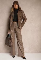 Jasnobrązowe Szerokie Spodnie High Waist z Imitacji Skóry Enawinn. Brązowe spodnie materiałowe damskie Renee, bez wzorów, z jeansu. Za 84.99 zł.