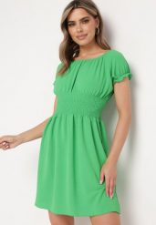 Zielona Rozkloszowana Sukienka Typu Hiszpanka z Gumką w Pasie Tiadella. Zielone sukienki damskie Born2be, bez wzorów, eleganckie, bez ramiączek. Za 79.99 zł.