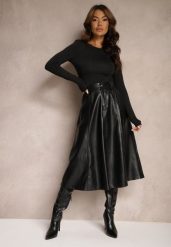 Czarna Rozkloszowana Spódnica z Imitacji Skóry High Waist Evirenas. Czarne spódnice damskie Renee, na zimę, s, bez wzorów, z materiału, midi. Za 89.99 zł.