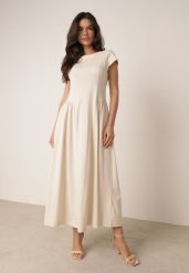 Beżowa Wiskozowa Sukienka Taliowana z Przeszyciami Perusa. Brązowe sukienki damskie Born2be, bez wzorów, z wiskozy, eleganckie, bez ramiączek. Za 139.99 zł.