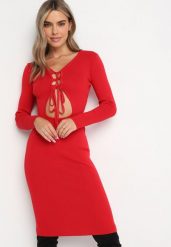 Czerwona Dzianinowa Sukienka Midi z Wycięciem i Wiązaniem Filila. Czerwone sukienki damskie Born2be, bez wzorów, z dzianiny, bez ramiączek. W wyprzedaży za 101.99 zł.