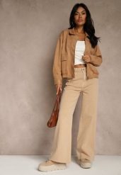 Beżowe Jeansy High Waist Wide Leg z Surowo Zakończonymi Nogawkami Rhelnell. Brązowe jeansy damskie Renee, bez wzorów, z jeansu. Za 99.99 zł.