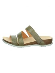 Think! Skórzane klapki "Julia" w kolorze zielonym rozmiar: 40. Zielone klapki damskie Think!, bez wzorów, z otwartym noskiem, bez obcasa, na koturnie, bez zapięcia. Za 201.55 zł.