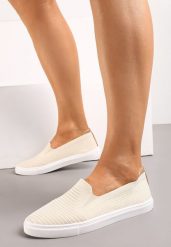 Beżowe Wsuwane Tenisówki Ozdobione Wstawką z Ekoskóry na Zapiętku Eliriaba. Brązowe obuwie sportowe casual damskie Renee, ze skóry, bez zapięcia. Za 39.99 zł.