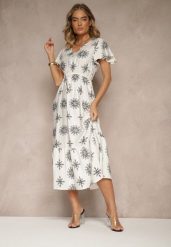 Biało-Czarna Sukienka z Wiskozy Ozdobiona Falbanką i Kwiatami Lumacelle. Białe sukienki damskie Renee, bez wzorów, z wiskozy, eleganckie, bez ramiączek. W wyprzedaży za 67.99 zł.