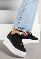 Czarne Sneakersy na Grubej Tłoczonej Podeszwie z Brokatem Lalema. Czarne obuwie sportowe damskie Born2be, z jeansu, bez zapięcia. Za 84.99 zł.