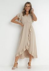 Beżowa Sukienka Mailcon. Brązowe sukienki damskie Born2be, bez wzorów, eleganckie, bez ramiączek. W wyprzedaży za 79.99 zł.