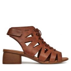 Sandały Remonte. Brązowe sandały damskie Remonte, bez wzorów, bez obcasa, na słupku, bez zapięcia. Za 389.99 zł.