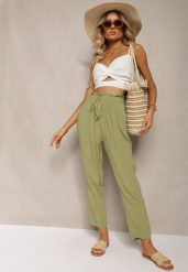 Zielone Spodnie z Bawełny Typu Paper Bag High Waist z Gumką w Talii Kitanea. Zielone spodnie materiałowe damskie Renee, bez wzorów, z bawełny. Za 29.99 zł.