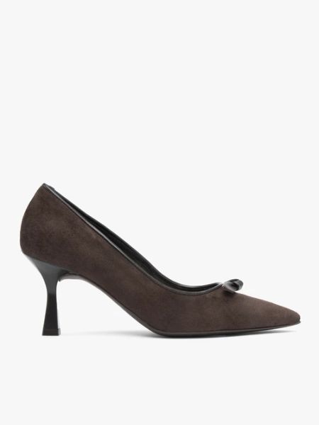 Ciemnobrązowe czółenka z kokardą. Brązowe czółenka damskie Brawo sp. z o.o., bez wzorów, z gumy, bez obcasa, na szpilce. Za 429.99 zł.