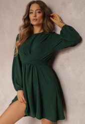 Ciemnozielona Sukienka Rozkloszowana z Gumką w Pasie Thelo. Zielone sukienki damskie Renee, bez wzorów, z tkaniny, eleganckie, bez ramiączek. W wyprzedaży za 63.99 zł.