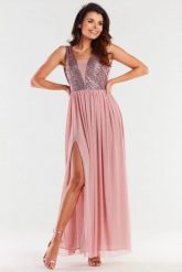 Długa sukienka z rozcięciem różowa z cekinami i tiulem. Czerwone sukienki damskie Awama, z aplikacjami, z elastanu, eleganckie, bez ramiączek. Za 599.00 zł.