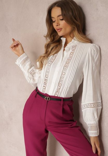 Biała Koszula ze Stójką i Koronką Phaeninca. Białe koszule damskie Renee, l, bez wzorów, z koronki, eleganckie, bez kołnierzyka, bez ramiączek. Za 129.99 zł.