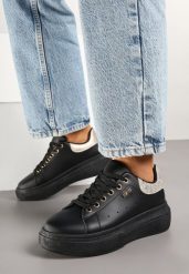 Czarno-Złote Sneakersy na Grubej Podeszwie z Metalicznymi Zdobieniami Zarilna. Czarne obuwie sportowe damskie Born2be, z jeansu, bez zapięcia. Za 84.99 zł.