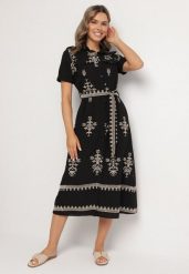 Czarna Wiskozowa Sukienka Koszulowa z Haftowanym Wzorem i Paskiem Divalis. Czarne sukienki damskie Born2be, bez wzorów, z wiskozy, eleganckie, bez ramiączek. Za 169.99 zł.