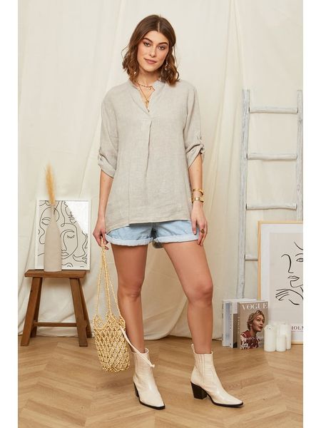 Rodier Lin Lniana bluzka w kolorze szarobrązowym rozmiar: M/L. Brązowe bluzki damskie Rodier Lin, l, bez wzorów, ze lnu, bez kołnierzyka, bez ramiączek. Za 105.63 zł.