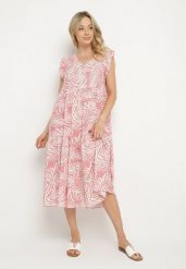 Różowa Bawełniana Sukienka w Liście o Rozkloszowanym Kroju Divariel. Czerwone sukienki damskie Born2be, bez wzorów, z bawełny, bez ramiączek. Za 69.99 zł.