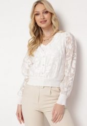 Biała Bluzka z Przeźroczystego Materiału Zapinana na Ozdobne Guziki Aviorena. Białe bluzki damskie Born2be, bez wzorów, bez kołnierzyka, bez ramiączek. Za 69.99 zł.