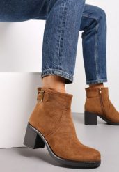 Brązowe Botki na Obcasie z Ozdobnym Paskiem z Klamrą Zula. Brązowe botki damskie Renee, bez obcasa, na obcasie, bez zapięcia. Za 139.99 zł.