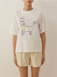 Dwuczęściowa piżama z nadrukiem - jasnożółty. Żółte piżamy damskie Reserved, bez wzorów, z bawełny, bez ramiączek. Za 99.99 zł.