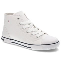 Trampki damskie Tommy Hilfiger, cholewka z materiału syntetycznego sznurowane podwyższona cholewka tekstylne wnętrze, sznurowane, T3X4-32209-0890100. Białe trampki damskie Tommy Hilfiger, z aplikacjami, z materiału, bez zapięcia. Za 249.00 zł.