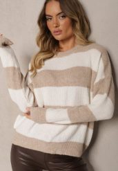 Beżowy Sweter ze Ściągaczami Ozdobiony Pasami z Wełną Tiarosea. Brązowe swetry klasyczne damskie Renee, z jeansu, bez kołnierzyka. Za 119.99 zł.