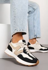 Czarno-Beżowe Sneakersy z Geometrycznym Wzorem Jenaviella. Czarne obuwie sportowe damskie Renee, z materiału, bez zapięcia. Za 79.99 zł.
