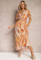 Pomarańczowa Rozkloszowana Sukienka o Kopertowym Fasonie z Paskiem i Ozdobnym Wzorem Briarwin. Brązowe sukienki damskie Renee, bez wzorów, z wiskozy, boho, bez ramiączek. W wyprzedaży za 75.99 zł.