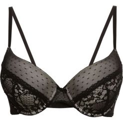 Biustonosz usztywniany bonprix piaskowy beżowy - czarny. Brązowe biustonosze bonprix, w koronkowe wzory, z koronki. Za 49.99 zł.