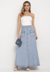 Jasnoniebieska Trapezowa Spódnica Maxi Bawełniana Jeansowa z Guzikami i Kieszeniami z Klapami Zrissa. Niebieskie spódnice damskie Born2be, na co dzień, l, bez wzorów, z bawełny, eleganckie, maxi. Za 169.99 zł.