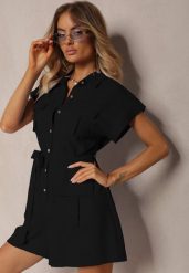 Czarny Taliowany Kombinezon Wiązany w Pasie Zapinany na Guziki Tenadea. Czarne sukienki damskie Renee, z aplikacjami, eleganckie, bez ramiączek. W wyprzedaży za 127.99 zł.