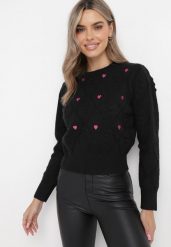 Czarny Sweter o Klasycznym Fasonie z Ozdobnym Haftem Aggela. Czarne swetry klasyczne damskie Born2be, m, bez kołnierzyka. Za 89.99 zł.