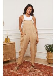 Fleur de Lin Lniane ogrodniczki "Corida" w kolorze beżowym rozmiar: M. Brązowe kombinezony damskie Fleur de Lin, m, bez wzorów, ze lnu, bez kołnierzyka, bez ramiączek. Za 139.87 zł.