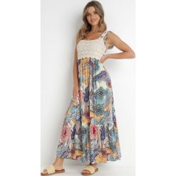 Beżowo-Niebieska Sukienka Missey. Niebieskie sukienki damskie Born2be, z aplikacjami, z wiskozy, bez ramiączek. Za 159.99 zł.