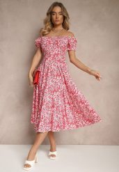 Czerwona Rozkloszowana Sukienka w Kwiatowy Print z Bawełną i Dekoltem Łódką z Bufkami Saniren. Czerwone sukienki damskie Renee, bez wzorów, z bawełny, eleganckie, bez ramiączek. W wyprzedaży za 55.99 zł.