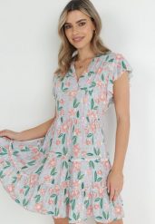 Miętowa Sukienka Taliowana z Wiskozy w Kwiaty Adomisia. Zielone sukienki damskie Born2be, bez wzorów, z wiskozy, bez ramiączek. Za 99.99 zł.