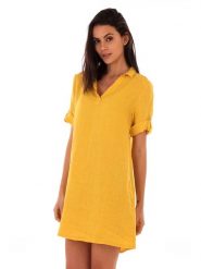 Lin Passion Lniana sukienka w kolorze żółtym rozmiar: 40/42. Żółte sukienki damskie Lin Passion, bez wzorów, ze lnu, klasyczne, bez ramiączek. Za 113.99 zł.