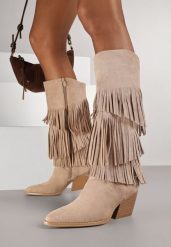 Ciemnobeżowe Kozaki Kowbojki na Stożku Ozdobione Frędzlami Giolanda. Brązowe kozaki damskie Renee, bez obcasa, na obcasie, bez zapięcia. Za 179.99 zł.