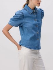 Jeansowa koszula z bufiastymi rękawami - niebieski. Niebieskie koszule damskie Reserved, l, bez wzorów, z bawełny, bez kołnierzyka, bez ramiączek. Za 139.99 zł.