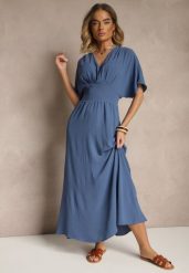 Granatowa Sukienka o Rozkloszowanym Kroju z Gumką w Talii Iffine. Niebieskie sukienki damskie Renee, bez wzorów, eleganckie, bez ramiączek. W wyprzedaży za 55.99 zł.