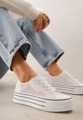 Białe Plecione Trampki na Platformie Irivana. Białe obuwie sportowe damskie Renee, bez wzorów, z jeansu, bez zapięcia. Za 79.99 zł.