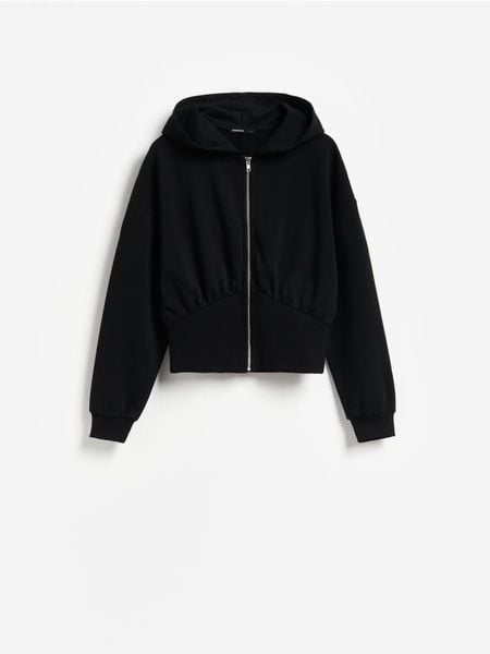 Rozpinana bluza z kapturem - czarny. Czarne bluzy damskie Reserved, l, bez wzorów, z bawełny, z kapturem. Za 129.99 zł.
