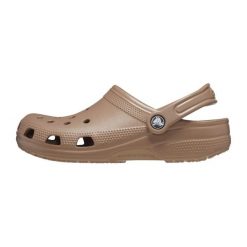 Klapki dla dorosłych Crocs Classic. Brązowe klapki damskie Crocs, bez wzorów, bez obcasa, bez zapięcia. Za 224.96 zł.