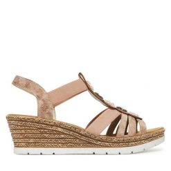 Sandały Rieker. Czerwone sandały damskie Rieker, bez wzorów, bez obcasa, na koturnie, bez zapięcia. Za 319.99 zł.