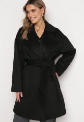 Czarny Klasyczny Płaszcz z Paskiem w Talii Elwari. Czarne płaszcze damskie Born2be, l, bez wzorów, bez kaptura. Za 389.99 zł.