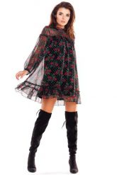 Luźna Mini Sukienka z Wzorzystego Szyfonu z Falbankami - Wzór 1. Czarne sukienki damskie Awama, bez wzorów, z elastanu, wizytowe, bez ramiączek. Za 309.90 zł.